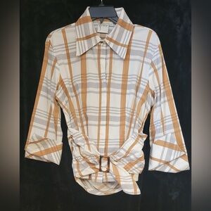 Inley Cream White Button Down Shirt with Tie Front and Notched Collar